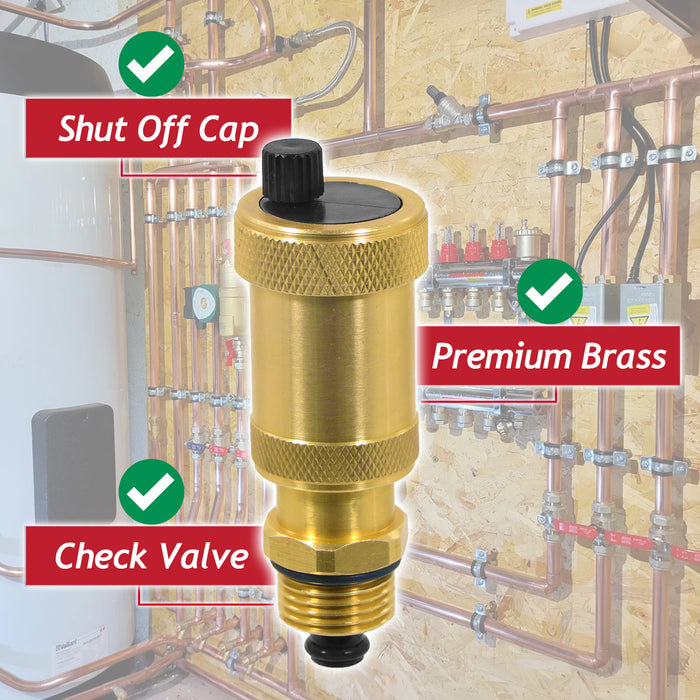 Auto Air Vent 1/2 Brushed Brass Central Heating Boiler Automatic Venting with Check Valve