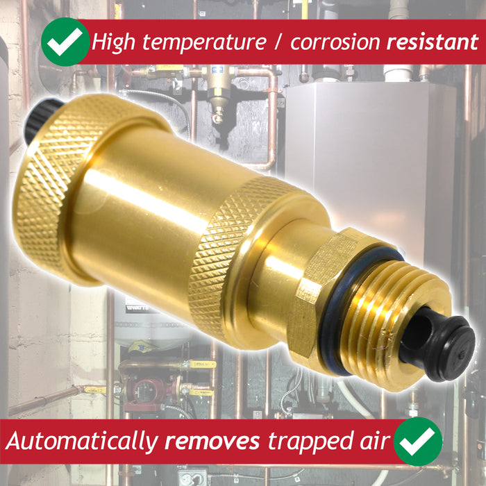 Auto Air Vent 1/2 Brushed Brass Central Heating Boiler Automatic Venting with Check Valve