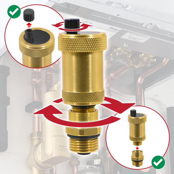 Auto Air Vent 1/2 Brushed Brass Central Heating Boiler Automatic Venting with Check Valve