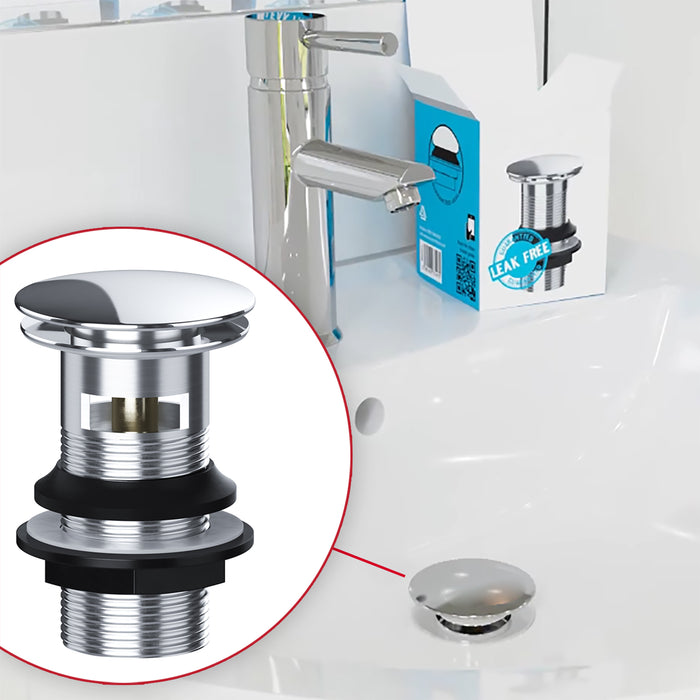 Clicker Basin Waste Bathroom / Kitchen Sink Plug 1 1/4" Round Silver (Slotted with Overflow)