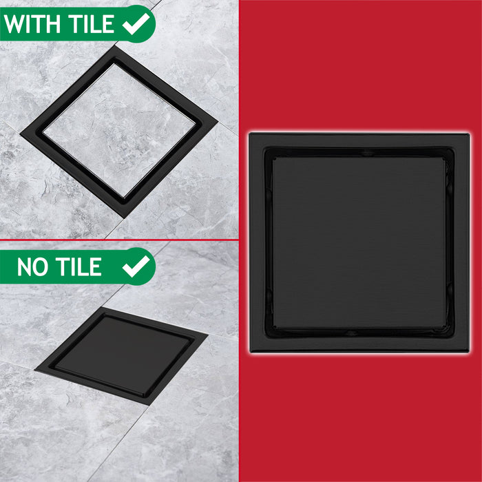 Shower Floor Drain Grate Tile Insert Invisible Stainless Steel Square Grid (Matt Black, 6" / 155mm)