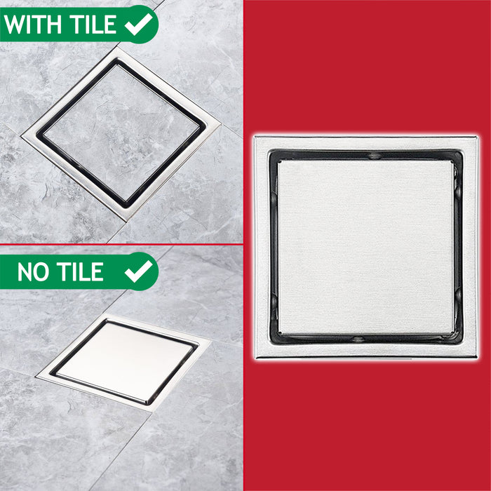Shower Floor Drain Grate Tile Insert Invisible Stainless Steel Square Grid (Chrome Silver, 6" / 155mm)