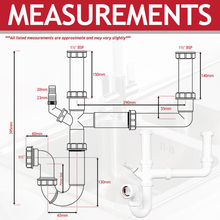 Double Bowl Sink Waste Kitchen Washing Machine Dishwasher P Trap Kit (40mm / 1.5" / 1½")