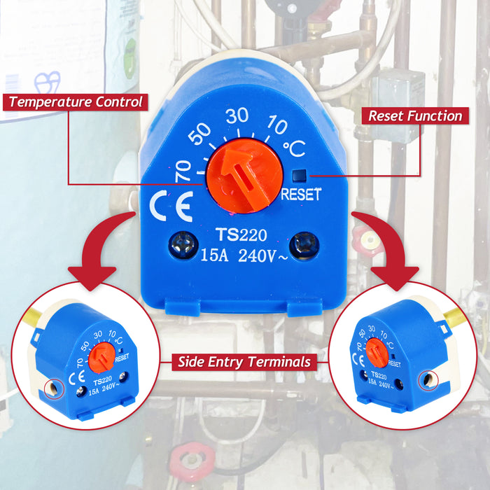 Immersion Water Cylinder Heater Thermostat Dual Safety Control & High Limit Rod Unit (7", 15A, 240V~)