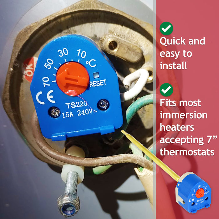 Immersion Water Cylinder Heater Thermostat Dual Safety Control & High Limit Rod Unit (7", 15A, 240V~)