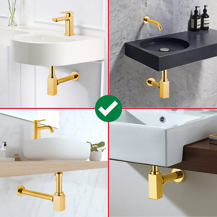 Square Bottle Sink Basin Trap 40mm / 1.5" Luxury Brass Adjustable Deodorant Waste Pipe Outlet (Gold)