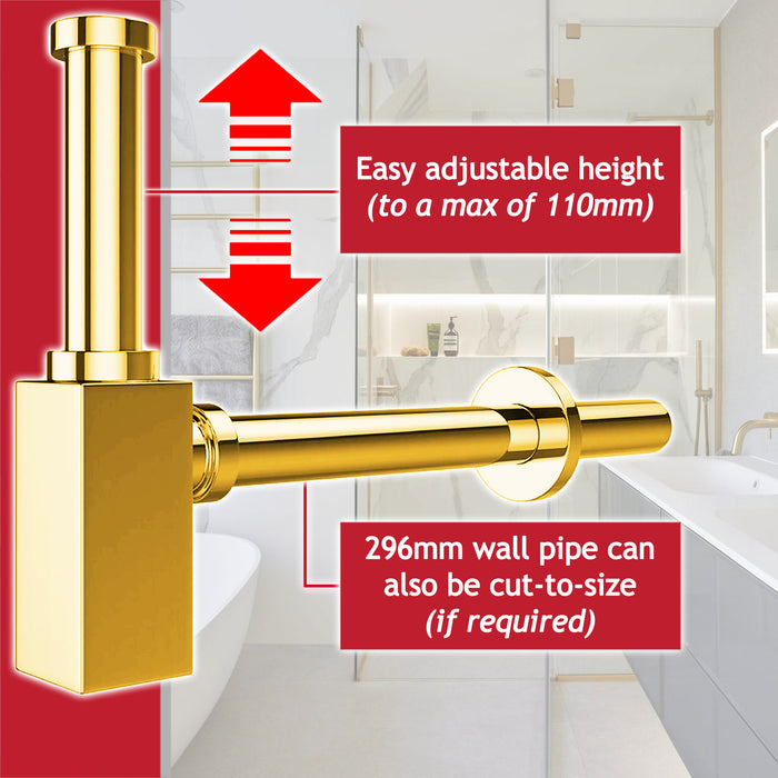 Square Bottle Sink Basin Trap 40mm / 1.5" Luxury Brass Adjustable Deodorant Waste Pipe Outlet (Gold)