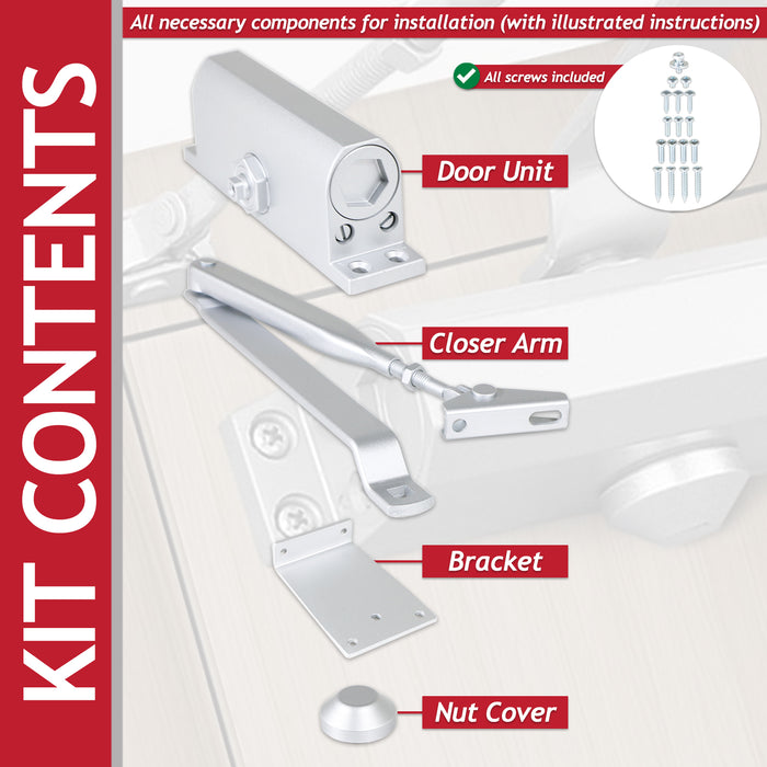 Overhead Door Closer Fixed Sized 3 Adjustable Speed 180 Degree Kit for up to 950mm 60KG Doors (Silver)