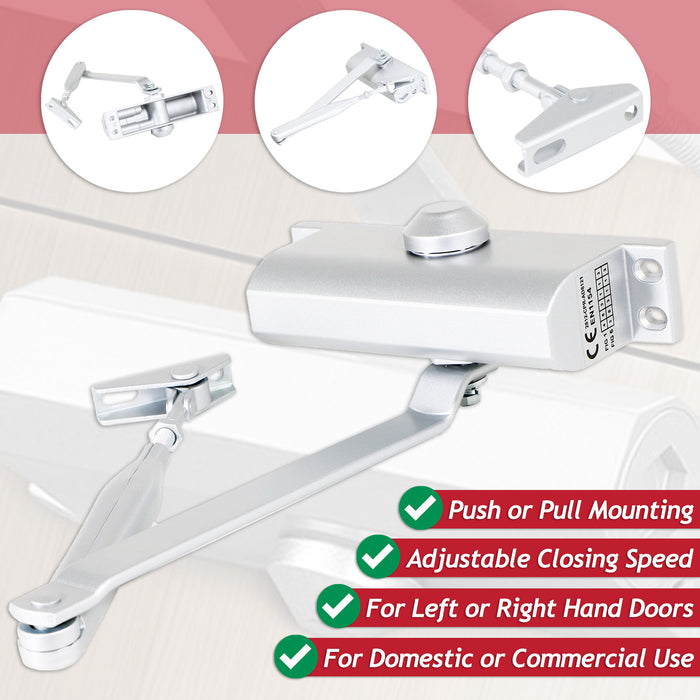 Overhead Door Closer Fixed Sized 3 Adjustable Speed 180 Degree Kit for up to 950mm 60KG Doors (Silver)