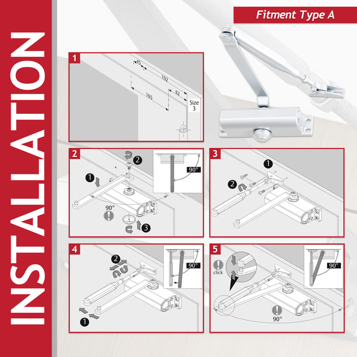 Overhead Door Closer Fixed Sized 3 Adjustable Speed 180 Degree Kit for up to 950mm 60KG Doors (Silver)