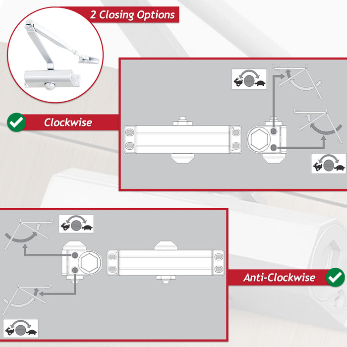 Overhead Door Closer Fixed Sized 3 Adjustable Speed 180 Degree Kit for up to 950mm 60KG Doors (Silver)