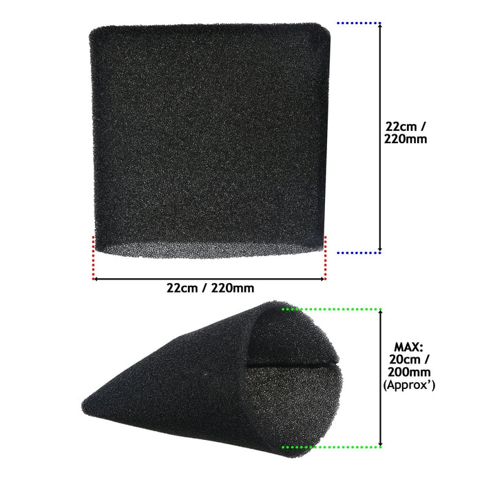 Foam Filter Sleeve for Sealey PC200 PC200CFL PC300 Wet & Dry Vacuum Cleaner (22cm, Pack of 2)