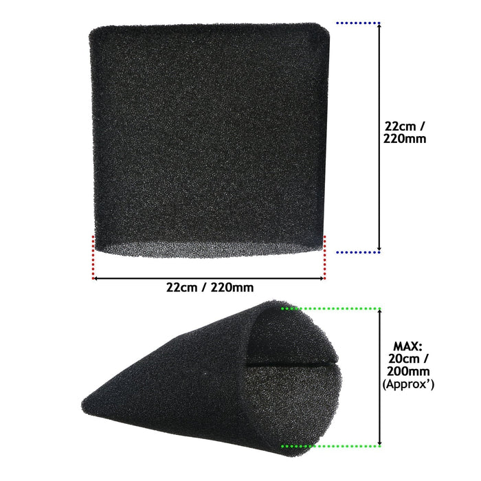 Foam Filter Sleeve for Wickes 20L 215735 288557 1250W Wet & Dry Vacuum Cleaner (22cm, Pack of 3)