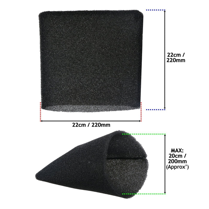 Foam Filter Sleeve for Wickes 20L 215735 288557 1250W Wet & Dry Vacuum Cleaner (22cm, Pack of 2)