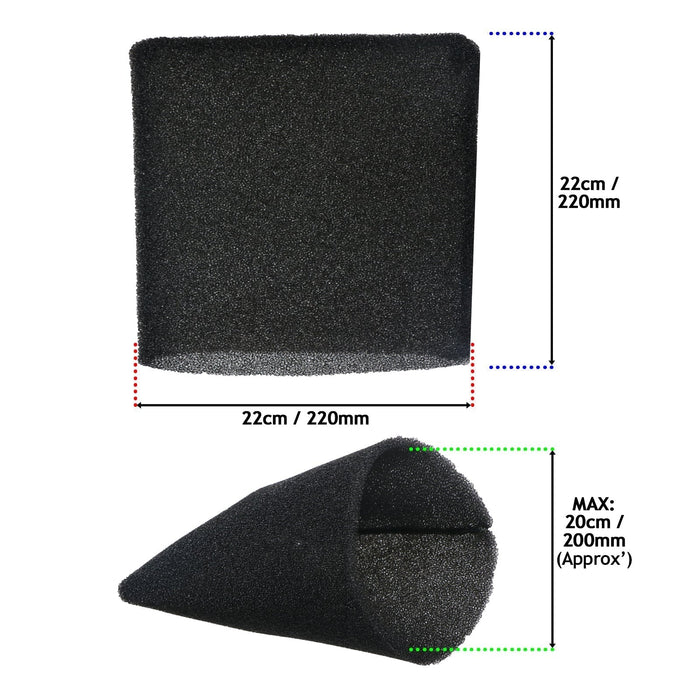 Foam Filter Sleeve for Wickes 20L 215735 288557 1250W Wet & Dry Vacuum Cleaner (22cm)