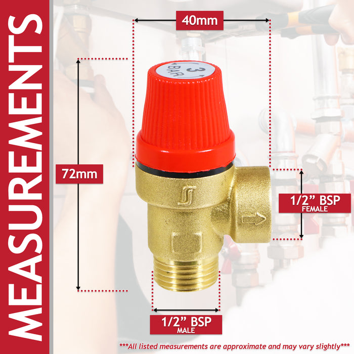 Pressure Relief Safety Valve for Biasi Boiler 3 Bar 1/2" BSP Male x Female Brass PRV