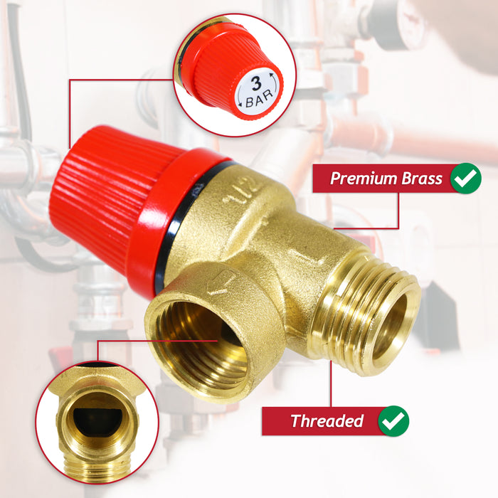 Pressure Relief Safety Valve for Ferroli Boiler 3 Bar 1/2" BSP Male x Female Brass PRV