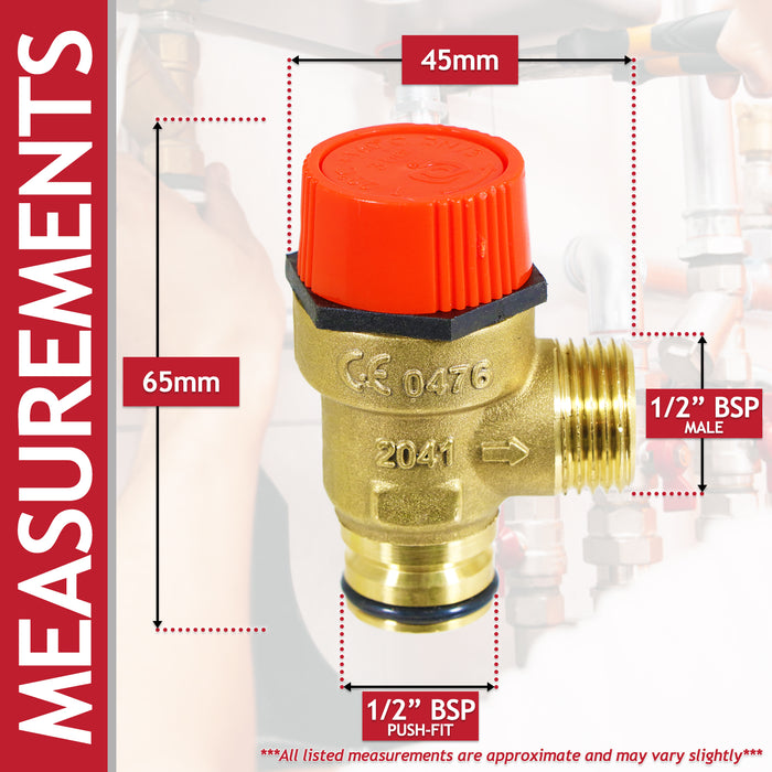 Pressure Relief Safety Valve for Worcester Bosch Boiler 3 Bar 1/2" BSP Male x Push Fit Brass PRV