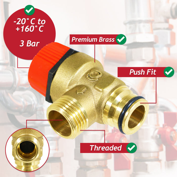 Pressure Relief Safety Valve for Worcester Bosch Boiler 3 Bar 1/2" BSP Male x Push Fit Brass PRV