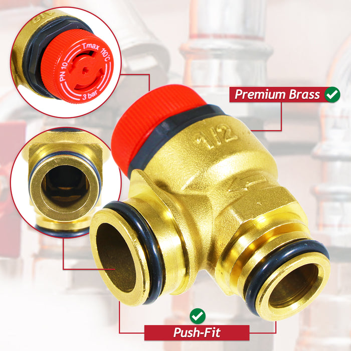 Pressure Relief Valve for Worcester Bosch Greenstar Boiler 3 Bar 1/2" BSP Push Fit Brass Safety PRV