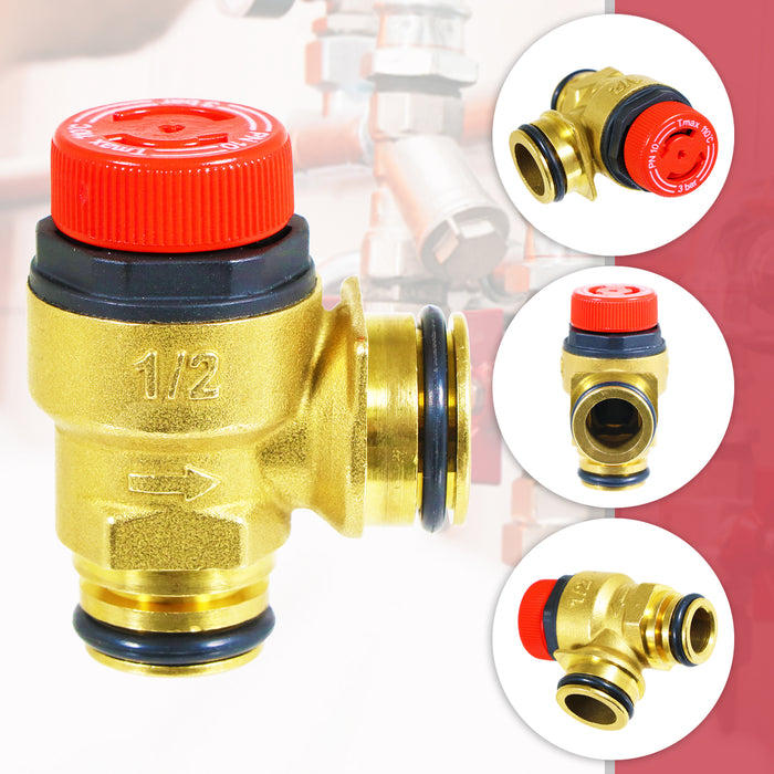 Boiler Pressure Relief Valve 3 Bar 1/2" BSP Push Fit Brass PN 10 Safety PRV