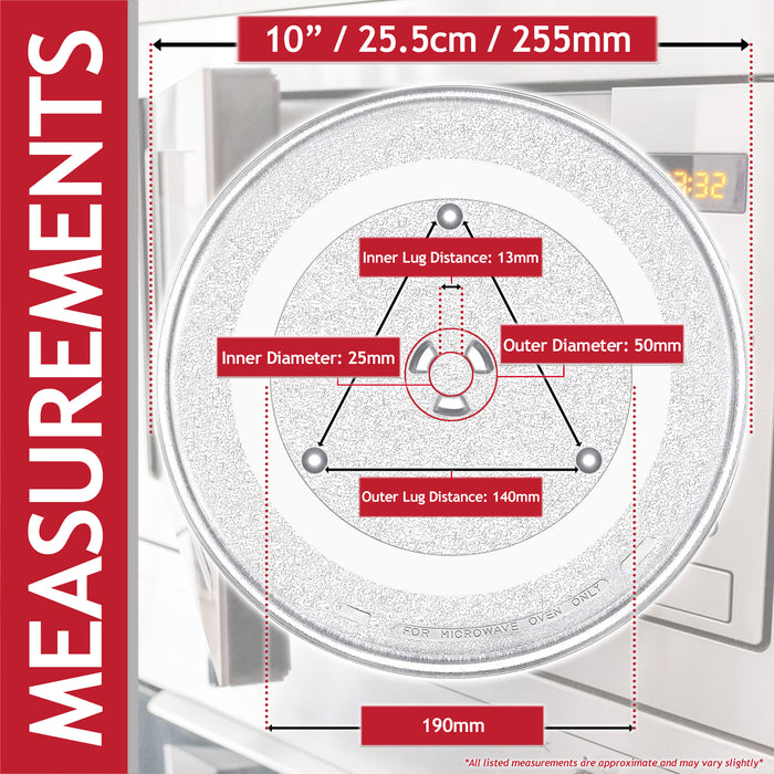 Universal Microwave Turntable Plate 6 Lug Fixing Y Type Glass Dish Tray (10" / 25.5cm / 255mm)