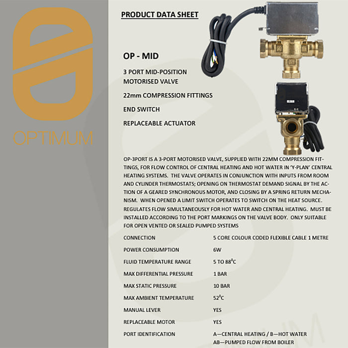 Optimum 22mm Valve Mid Position 3 Port Motorised Central Heating / Boiler System Control