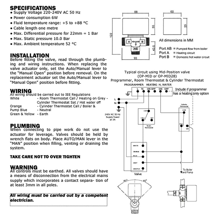 Optimum 22mm Valve Mid Position 3 Port Motorised Central Heating / Boiler System Control