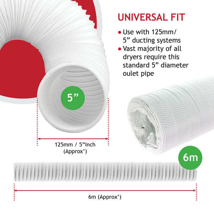 Vent Hose Pipe PVC Duct Extension Kit for Delonghi Air Conditioner (6m, 5")