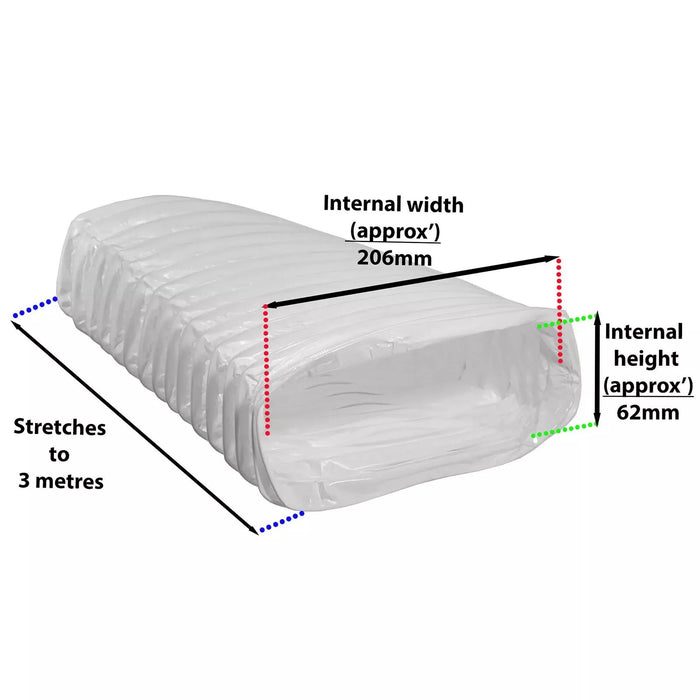 Vent Hose Rectangle PVC 3M Long Rectangular HVAC 206mm x 62mm Flexible Duct Pipe