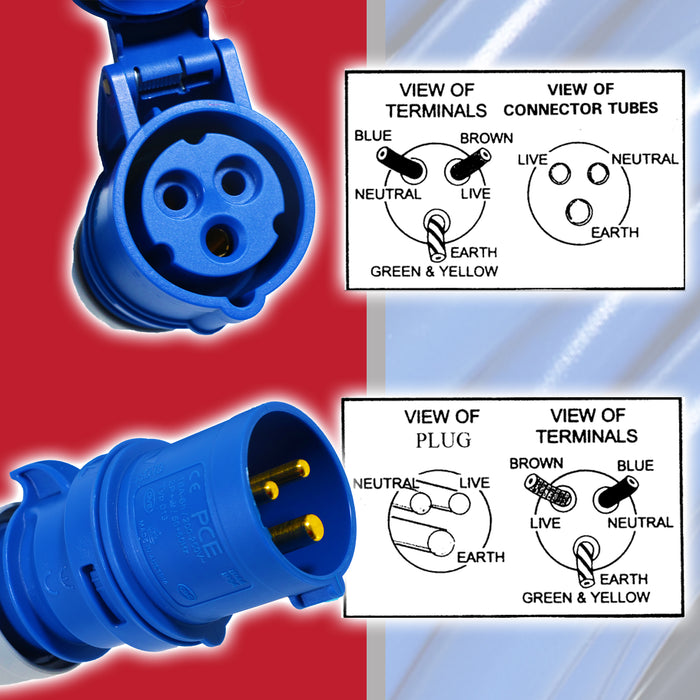 16A Hook Up Extension Lead 14m 240V 1.5mm + 4 Gang Way 13A 1m 3-Pin Mains Adapter