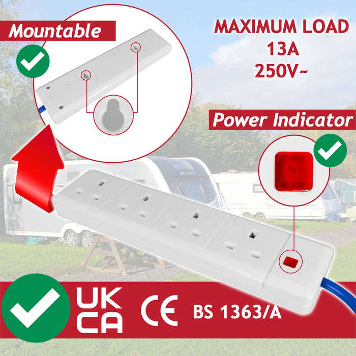 16A Hook Up Extension Lead 14m 240V 1.5mm + 4 Gang Way 13A 1m 3-Pin Mains Adapter