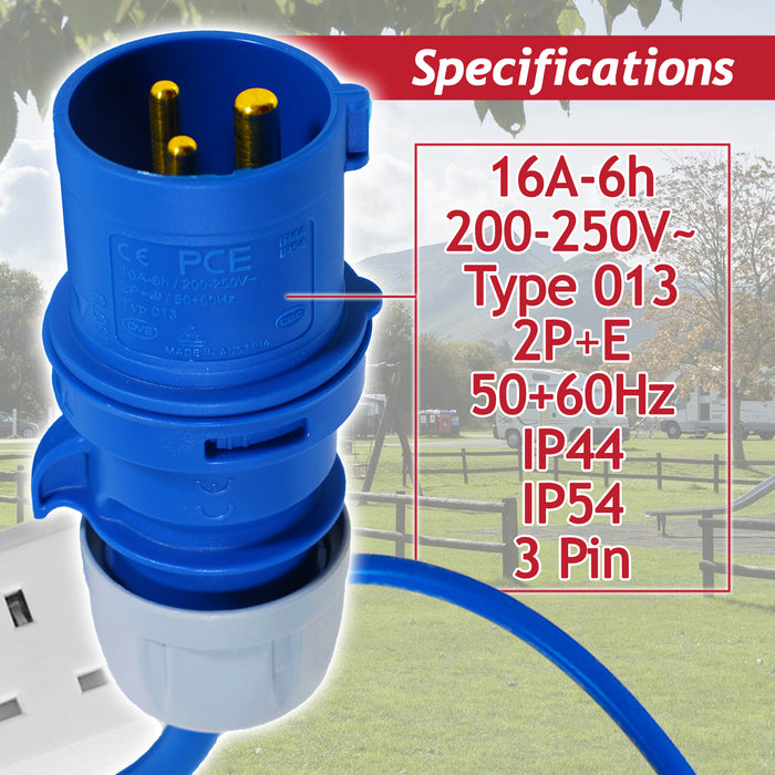 16A Hook Up Extension Lead 14m 240V 1.5mm + 4 Gang Way 13A 1m 3-Pin Mains Adapter