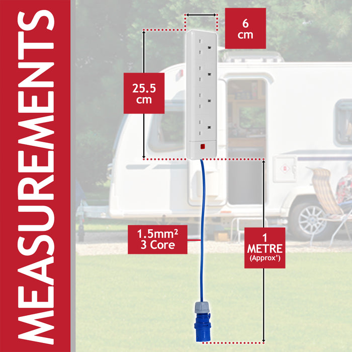 4 Gang Way Socket 16A Plug to 13A Caravan Motorhome Camping Hook Up Power Extension Lead (1 Metre)