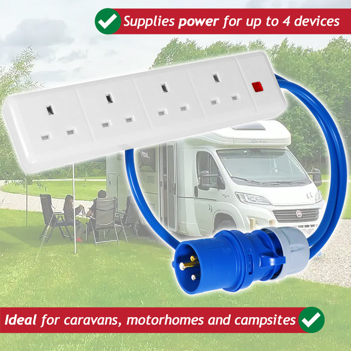 4 Gang Way Socket 16A Plug to 13A Caravan Motorhome Camping Hook Up Power Extension Lead (1 Metre)