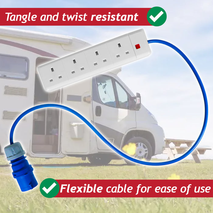 4 Gang Way Socket 16A Plug to 13A Caravan Motorhome Camping Hook Up Power Extension Lead (1 Metre)