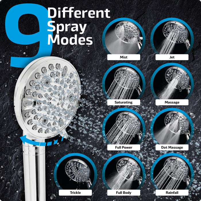 Shower Head and Filter Multi Function 9 Power Modes Massage Mist Chrome