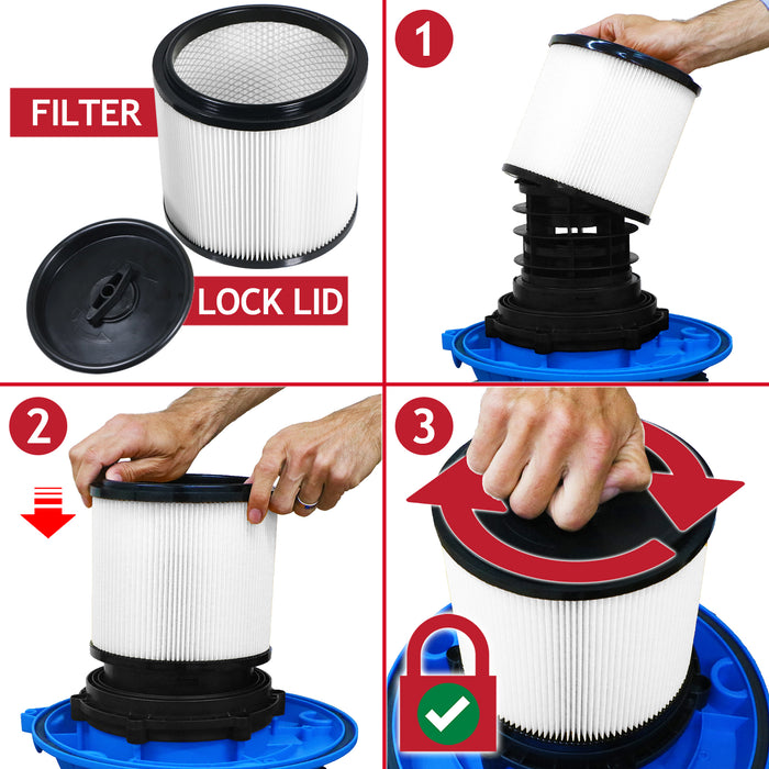 Wet & Dry Cartridge Filter + Foam Sleeve for Wickes 215735 288557 20L 1250W Vacuum Cleaner