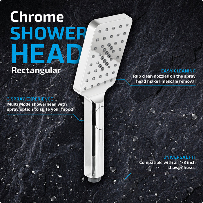 Shower Head Rectangular Chrome 1/2inch 3 Mode Spray Large Showerhead