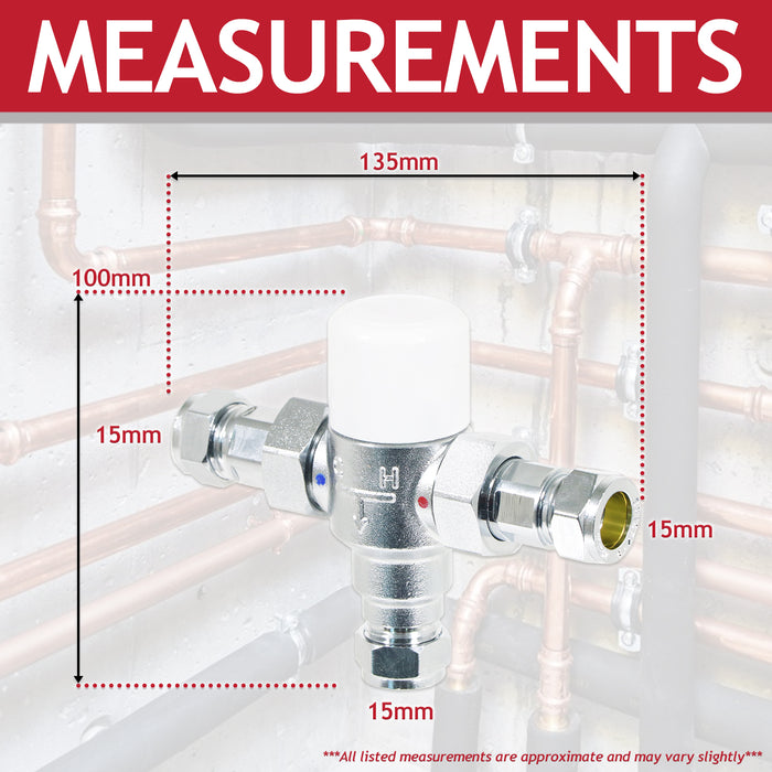 Tower 15mm TMV Thermostatic Mixing Valve Water Supply Blending Compression Fitting Kit (Brass, Chrome Plated)