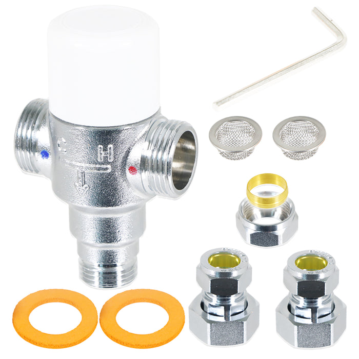 Tower 15mm TMV Thermostatic Mixing Valve Water Supply Blending Compression Fitting Kit (Brass, Chrome Plated)