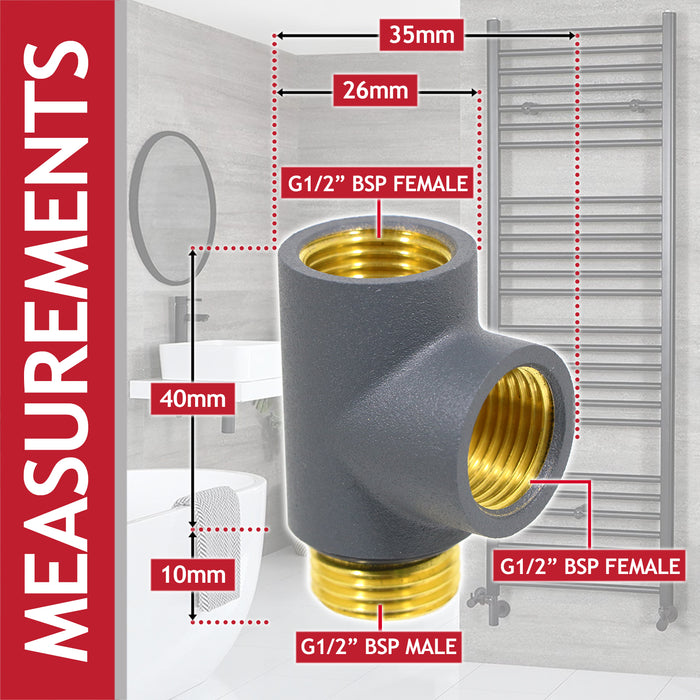 Dual Fuel T Piece Towel Radiator Heating Element Connector Valve Adaptor (G1/2", Anthracite)