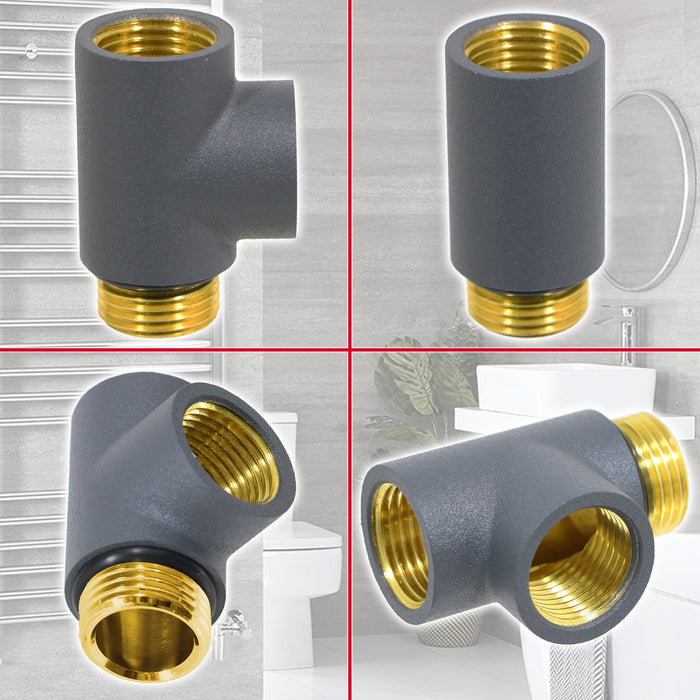 Dual Fuel T Piece Towel Radiator Heating Element Connector Valve Adaptor (G1/2", Anthracite)