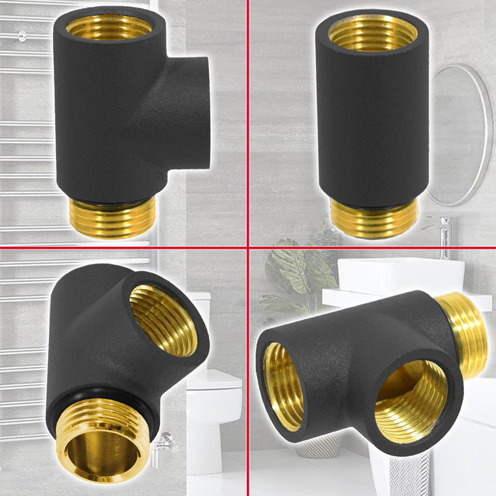 Dual Fuel T Piece Towel Radiator Heating Element Connector Valve Adaptor (G1/2", Black)