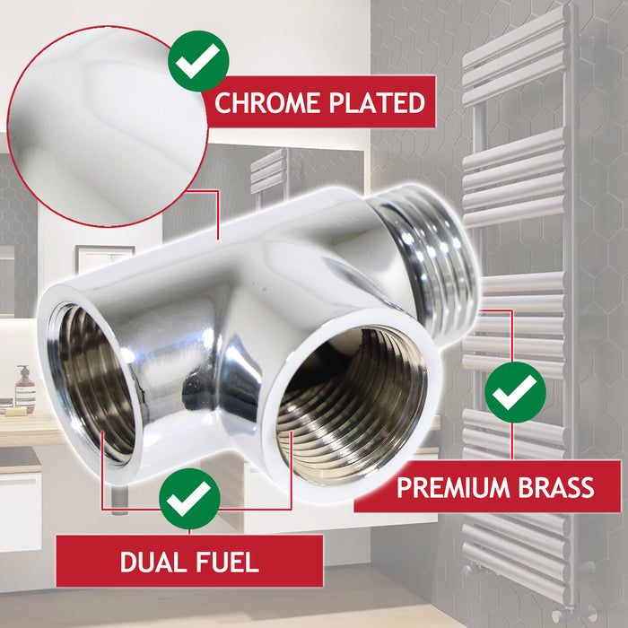 Dual Fuel T Piece Towel Radiator Heating Element Connector Valve Adaptor (G1/2", Chrome)