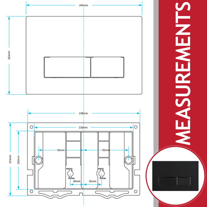 Luxury Concealed Toilet Cistern Flush Plate Kit for Wall Hung Frame (Matt Black, 245mm x 165mm)