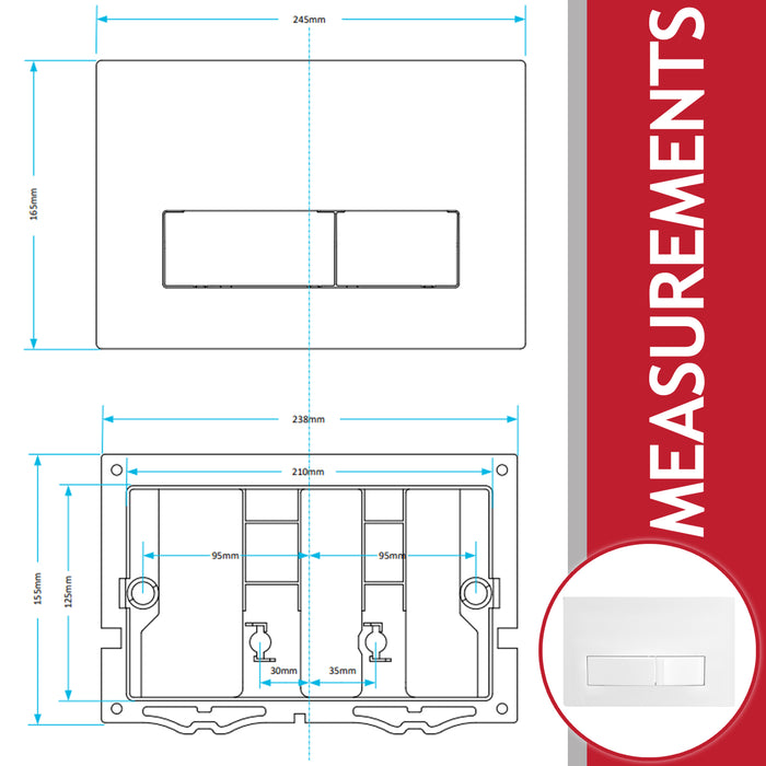 Luxury Concealed Toilet Cistern Flush Plate Kit for Wall Hung Frame (Gloss White, 245mm x 165mm)