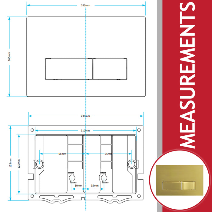 Luxury Concealed Toilet Cistern Flush Plate Kit for Wall Hung Frame (Brushed Brass, 245mm x 165mm)