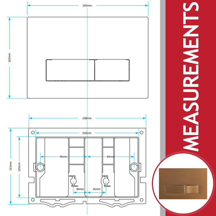 Luxury Concealed Toilet Cistern Flush Plate Kit for Wall Hung Frame (Brushed Copper, 245mm x 165mm)