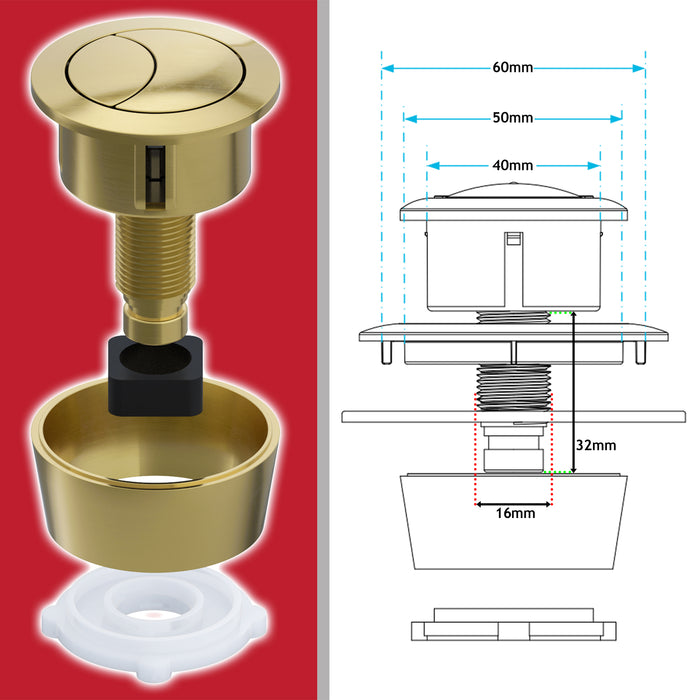 Universal Toilet Cistern Dual Flush Push Button Kit for 20mm 40mm 50mm 60mm Lid Hole (Brushed Brass)